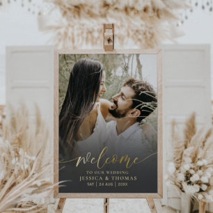 Elegant kalligrafi Svart & Guld Foto Bröllop Poster