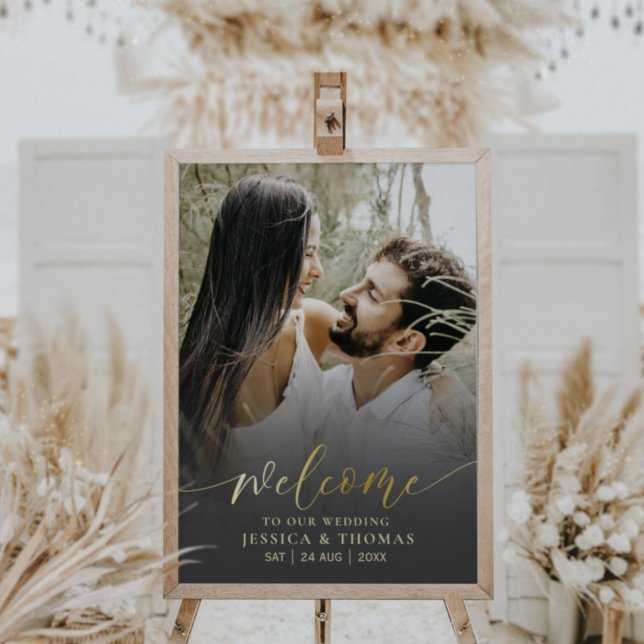 Elegant Kalligrafi Svart & Guld Foto Bröllop Poster (Skapare uppladdad)