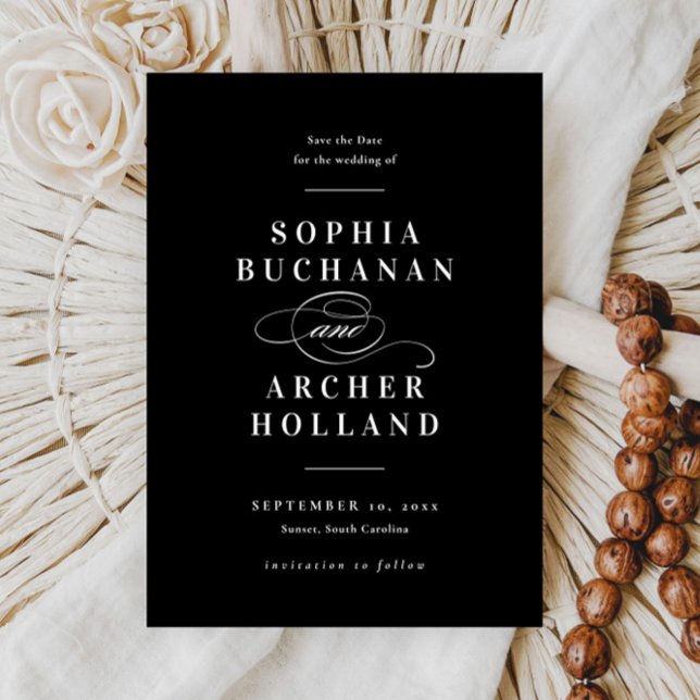 Elegant kalligrafi svart och vit bröllops-  spara datumet (Elegant type black and white non photo save the date card.)