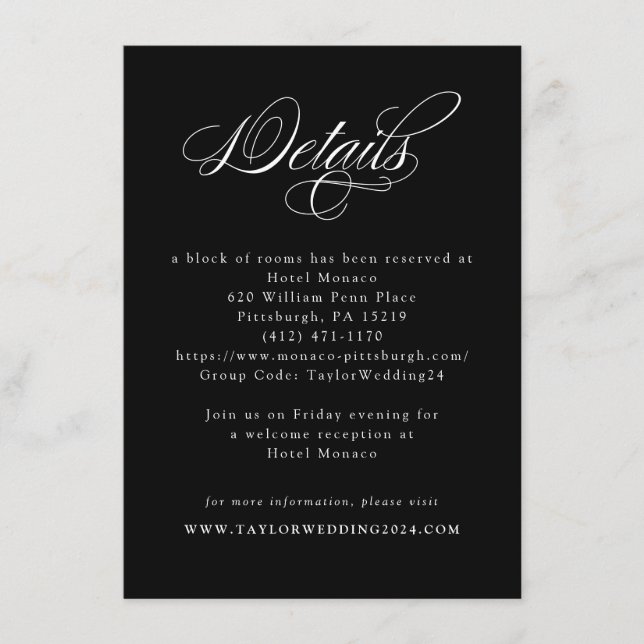 Elegant kalligrafi svart-vit bröllopsdetalj tilläggskort (Framsida)