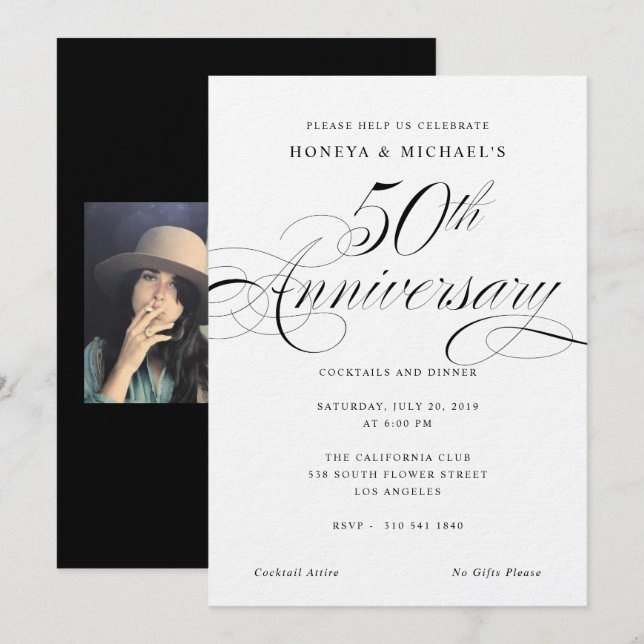 Elegant kalligrafi svart & vitt 50-årsjubileum inbjudningar (Fram/baksida)