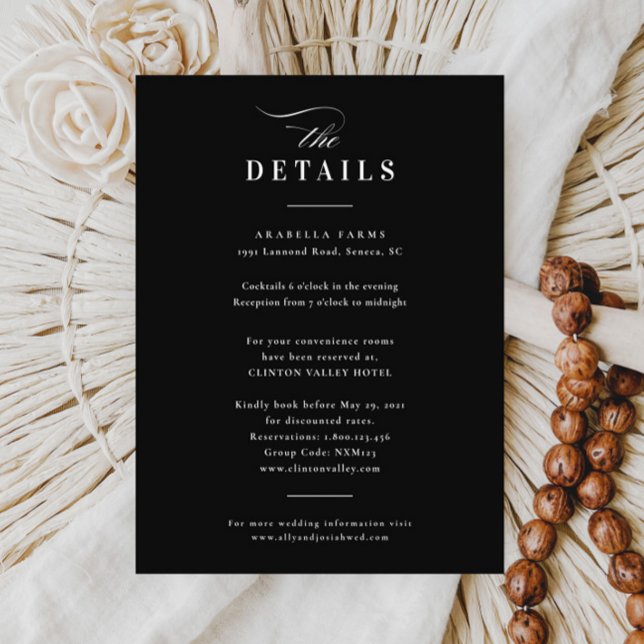 Elegant kalligrafi Svart & Vitt Bröllops Detaljer Tilläggskort (Elegant black and white wedding details enclosure cards.)