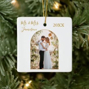 Elegant kalligrafi valv fotoram guld nygifta julgransprydnad keramik