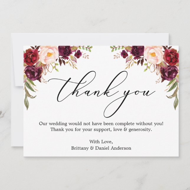 Elegant kalligrafi vattenfärg burgunder röd blomst tack kort (Framsida)