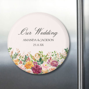 Elegant Kalligrafi Vattenfärg Ros Blomma Bröllop Magnet