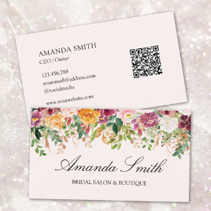 Elegant Kalligrafi Vattenfärg Ros Blommig QR-kod Visitkort