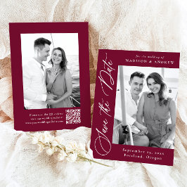 Elegant kalligrafi vinröd foto QR-kod bröllop Spara Datumet
