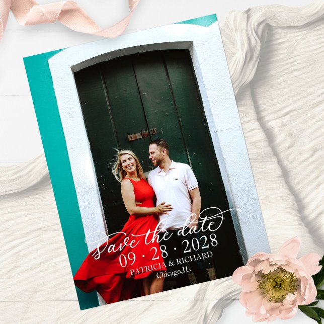 Elegant kalligrafi vit text fotobesparing datum vykort (Skapare uppladdad)