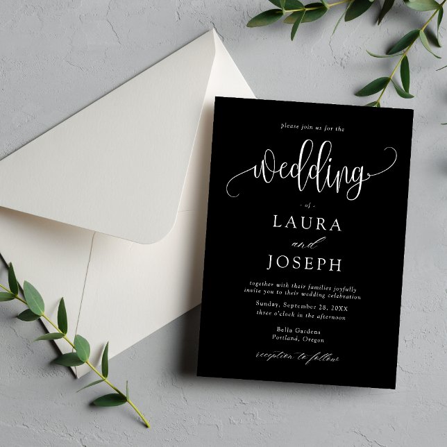 Elegant kalligrafiskrift Svart och vit bröllop Inbjudningar (Black and white calligraphy script invitation adds timeless romance with your personalized details)