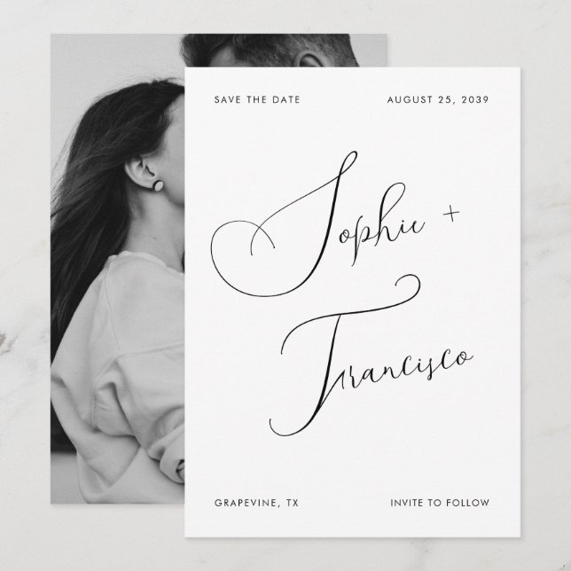 Elegant kalligrafiskritade namn modern bröllop spara datumet (Fram/baksida)