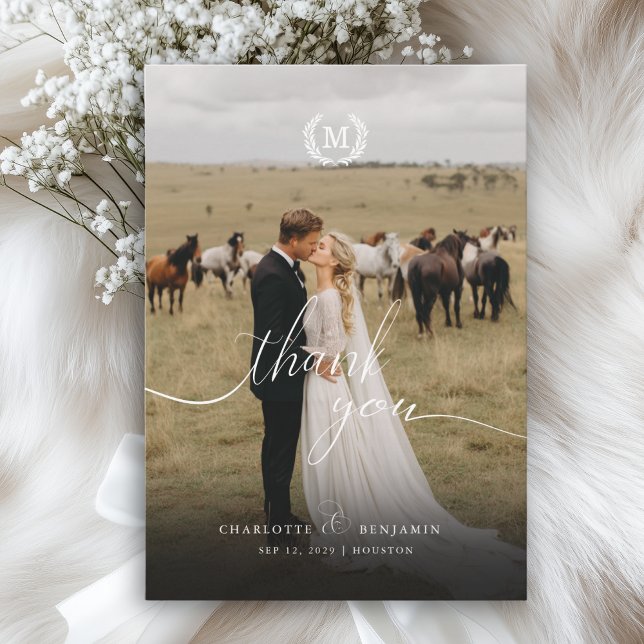 Elegant Kammon 2 Foto Tack Kort (Elegant Crest Monogram 2 Photo Thank You Card)