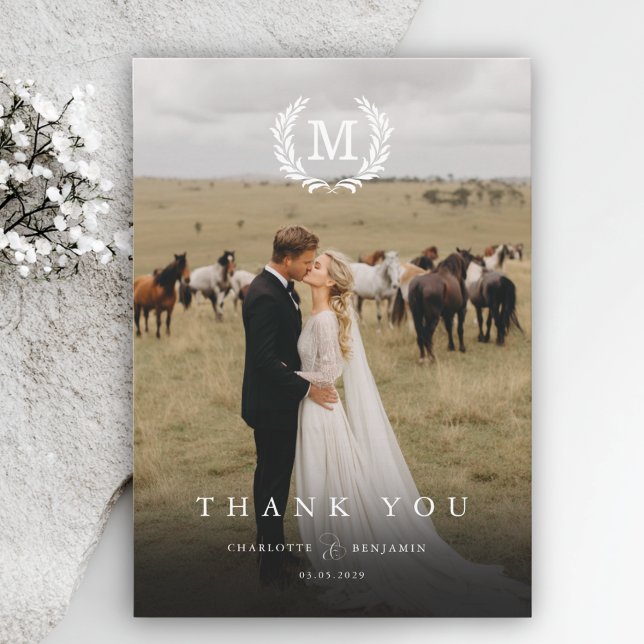 Elegant kammonogram 2 foto tackkort tack kort (Elegant Crest Monogram 2 Photo Thank You Card)