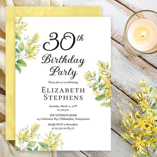 Elegant Kaprifol 30-års Födelsedag Gul Blomma Inbjudningar (Elegant honeysuckle 30th birthday invitation with soft yellow floral design)