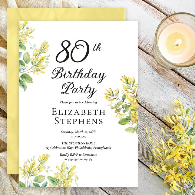 Elegant Kaprifol 80-årsdag Gul Blomma Inbjudningar (Elegant honeysuckle 80th birthday invitation with soft yellow floral design)