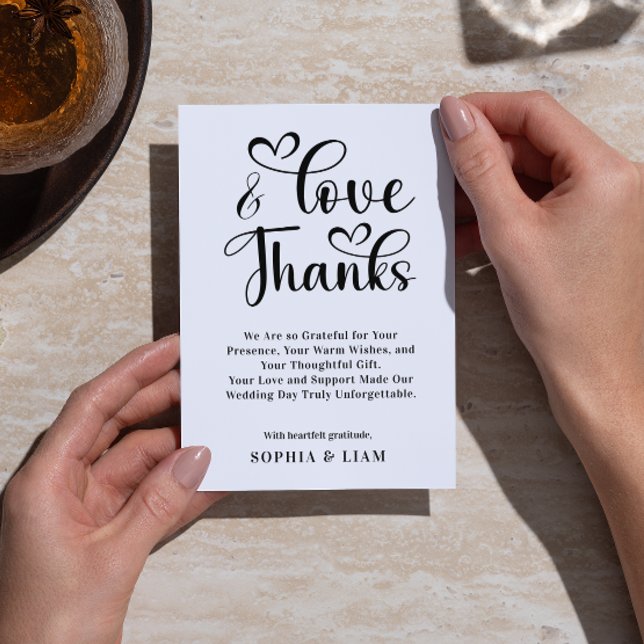 Elegant kärlek och tack Hjärtmanus Bröllop Kort (Elegant Love and Thanks Heart Script Wedding Thank You Card black and white simple wedding heart )