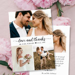 Elegant Kärlek och tack Script Collage Bröllop<br><div class="desc">Elegant, Minimalistiskt, Modern Handskrivet "Kärlek och tack"-fotosamlingskort. Snyggt bröllop tackar dig för att du har en kortmall med tre (3) foto på framsidan och ett (1) foto på baksidan. Med texten "Kärlek och tack" i ett snabbt tecken som skriver typografi eller kalligrafiskt skript, byts svan-teckensnitt i svart mot vit bakgrund....</div>