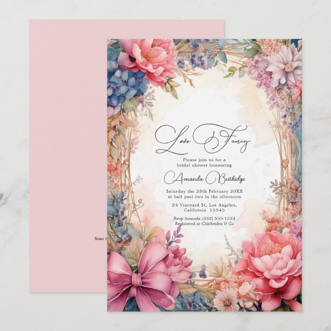 Elegant kärlek Snygg blommig bröllopsdusch QR-kod Inbjudningar (Fram/baksida)