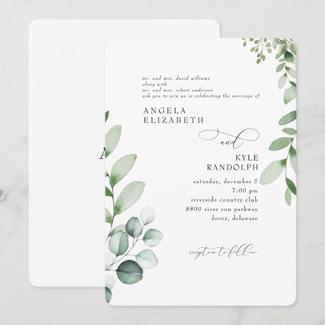 Elegant kaskaderande Eukalyptus Bröllop Rundad Inbjudningar (Fram/baksida)