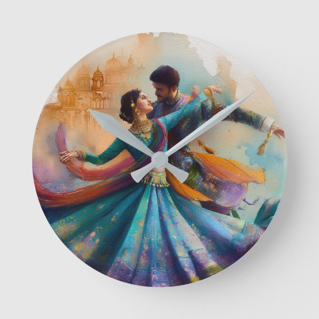 ✨Elegant Kathak-pardans Watercolor-konstverk Rund Klocka (Framsida)