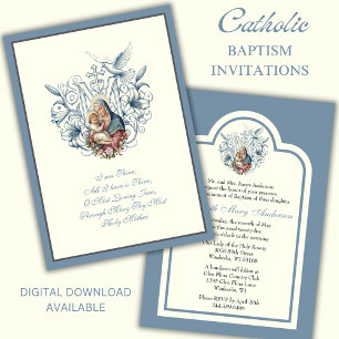 Elegant katolsk baptism Mary Jesus Blue Inbjudningar