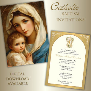 Elegant katolsk baptism Mary Jesus Guld Inbjudningar