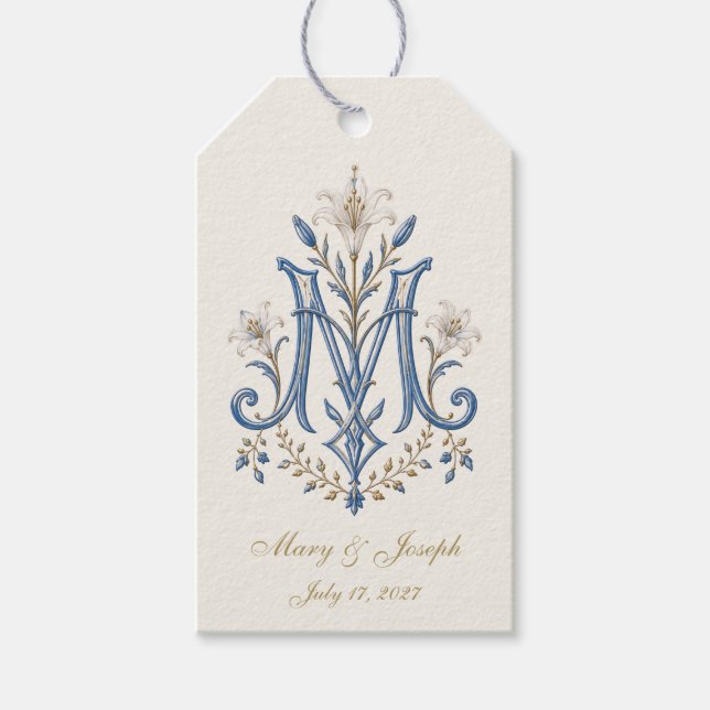 Elegant katolsk marianmonogram blomster presentetikett (Framsidan)
