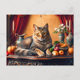 Elegant katt i stilleben med frukt vykort