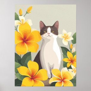 Elegant Katt med Gult Plumeria Flowers Poster