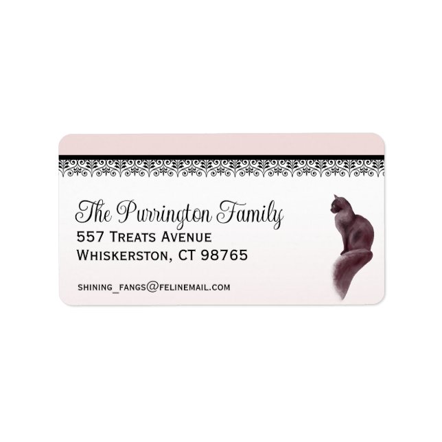 Elegant Katt, Rosa & svart, adressetikett för retu (Framsidan)