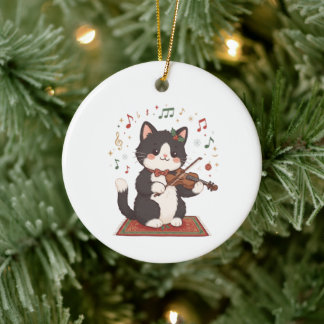 Elegant katt som spelar fiol jul julgransprydnad keramik