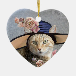 ELEGANT KATT, STOR DIVAHATT OCH ROSOR Alla hjärtan Julgransprydnad Keramik