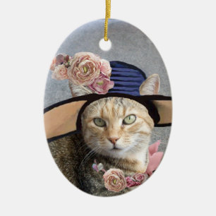ELEGANT KATT, STOR DIVAHATT, ROSOR Valentine Souve Julgransprydnad Keramik