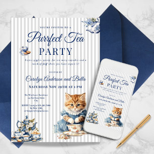 Elegant katt-teaparty inbjudan mall