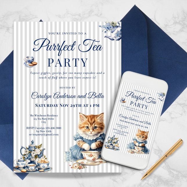 Elegant katt-teaparty inbjudan mall (Elegant Cat Tea Party Invitation Template)