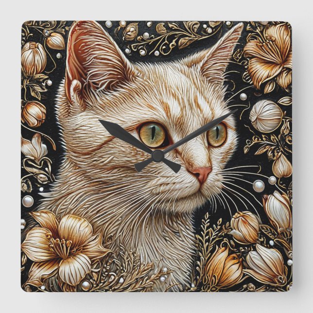 Elegant kattporträtt fyrkantig klocka (Framsida)