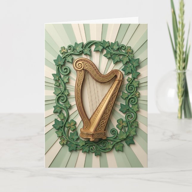 Elegant keltisk harpa Shamrock St Patricks Day Kort (Framsida)