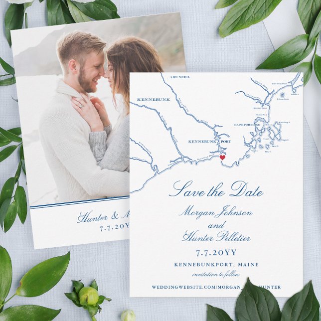 Elegant Kennebunkport Maine Bröllop Spara Datumet (These Kennebunkport Map Save the Dates are perfect for your navy blue Maine destination wedding)