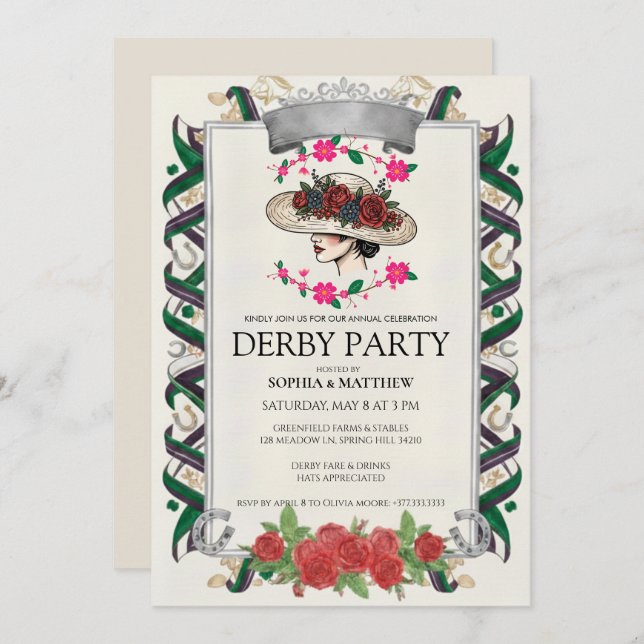 Elegant Kentucky Derby Party Floral Invitation Inbjudningar (Fram/baksida)