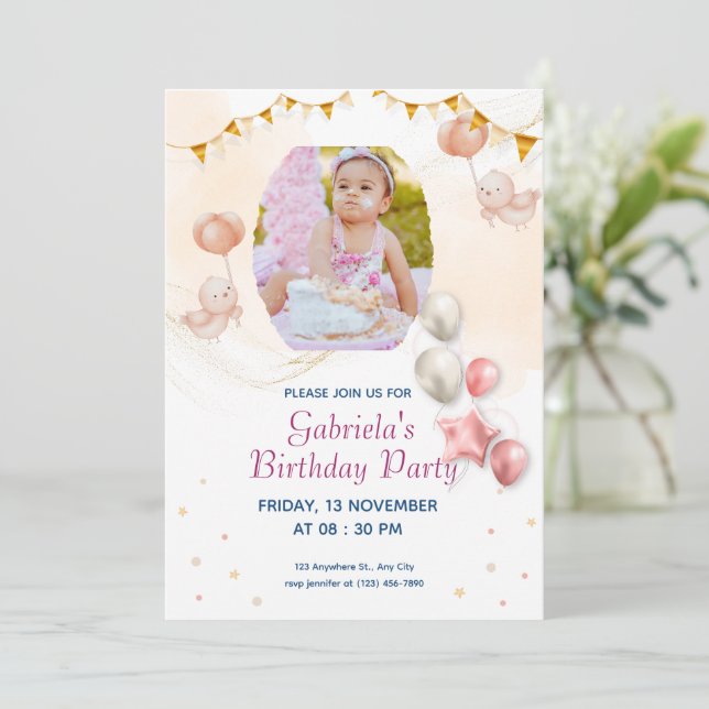 Elegant Kid's Photo Birthday  Printable Invitation Inbjudningar (Stående Fram)