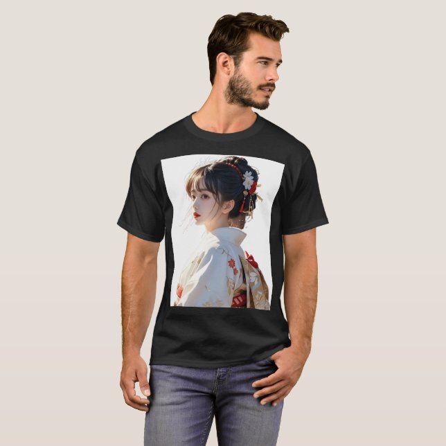 Elegant Kimono Girl Art Print – Japanese-Inspired  T Shirt (Hel framsida)