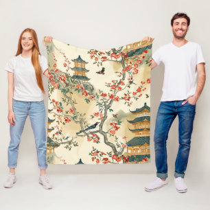 Elegant kineseri - Pagoder, Blommor och Fåglar Fleecefilt