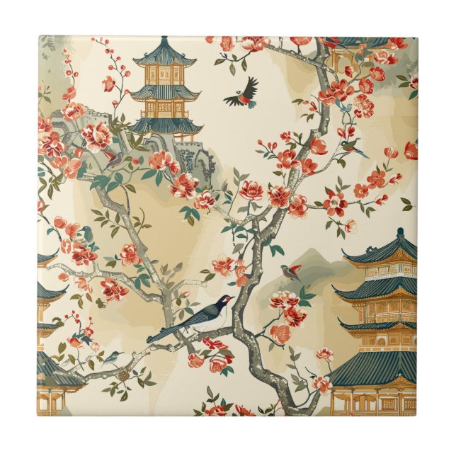 Elegant kineseri - Pagoder, Blommor och Fåglar Kakelplatta (Framsidan)
