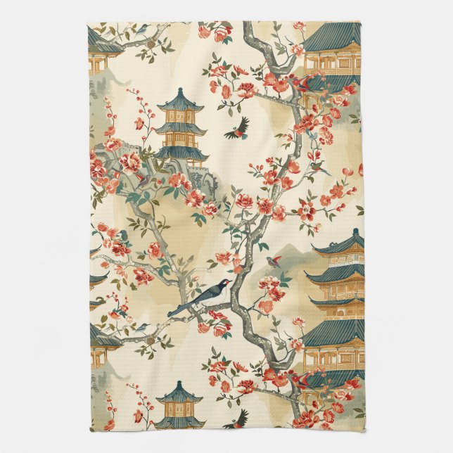 Elegant kineseri - Pagoder, Blommor och Fåglar Kökshandduk (Vertikal)