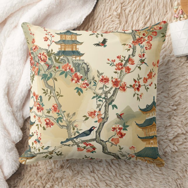 Elegant kineseri - Pagoder, Blommor och Fåglar Kudde (Filt)
