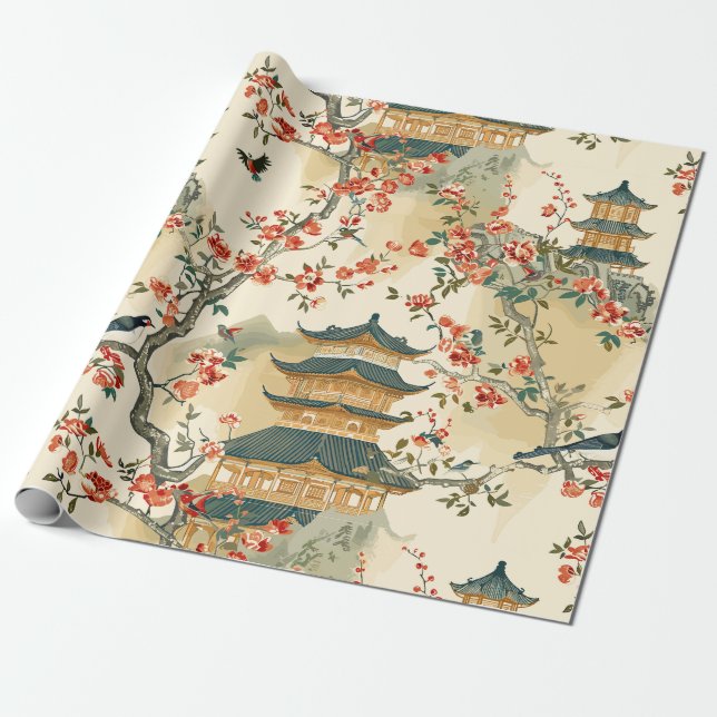Elegant kineseri - Pagoder, Blommor och Fåglar Presentpapper (Utrullad)