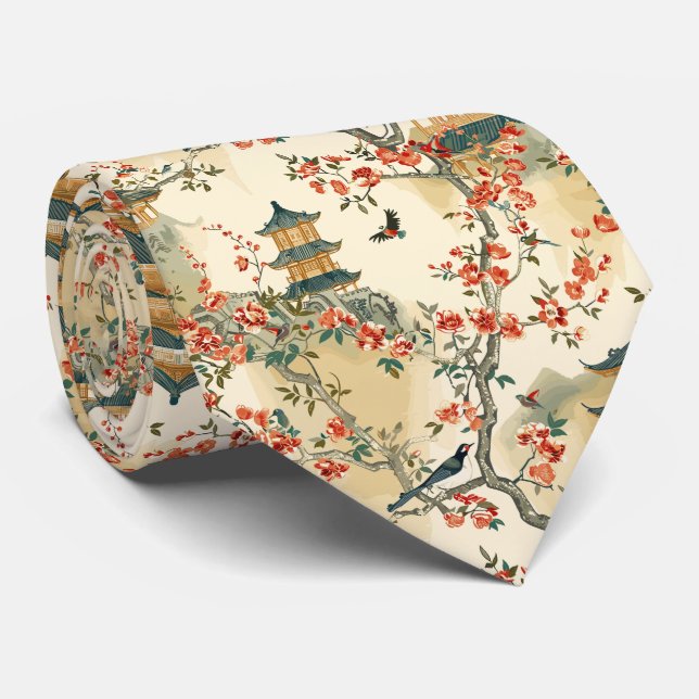Elegant kineseri - Pagoder, Blommor och Fåglar Slips (Rullad)