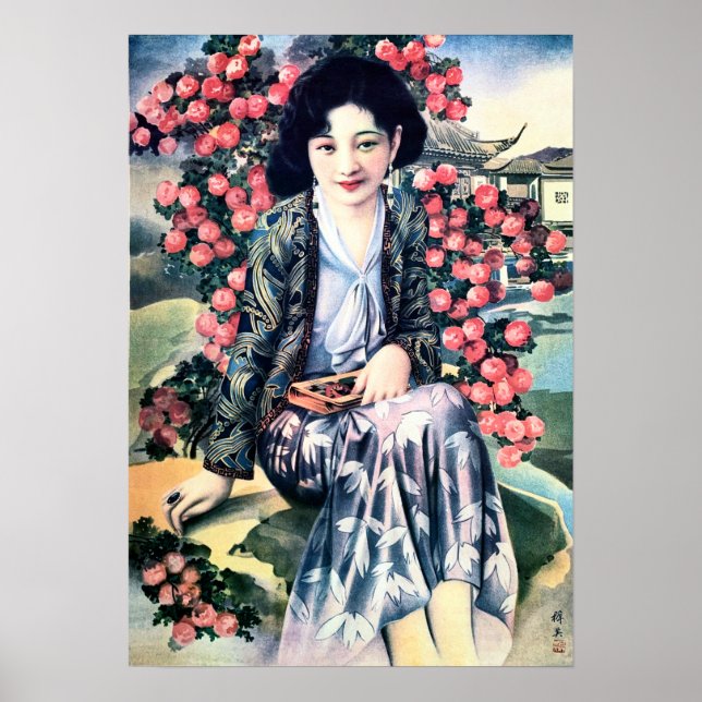 Elegant Kinesisk Dam av Flowers Old Shanghai Poster (Framsidan)