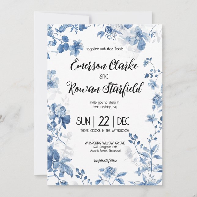Elegant kinesisk fransk blå toile blomma inbjudningar (Framsida)