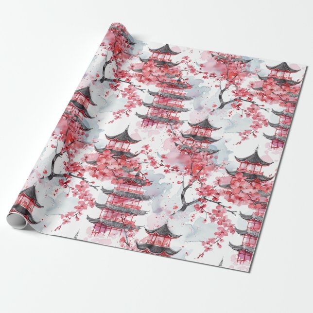 Elegant kinesisk pagod Körsbärsblomning Presentpapper (Utrullad)