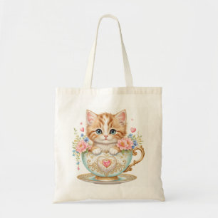 Elegant Kitten i Tekopp - Blommigt design - Tygkasse